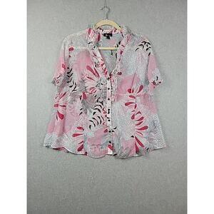 AB Studio Pink Floral Semi Sheer SS Button Up Shirt Women's Plus 3X